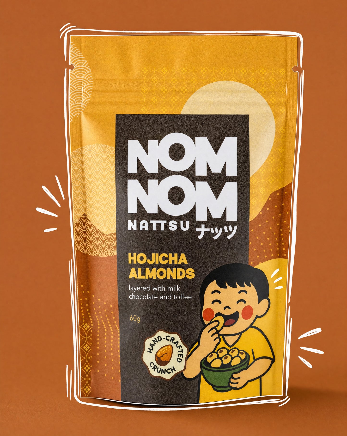 Nom Nom Nattsu Hojicha Almonds 60g pouch handcrafted Melbourne