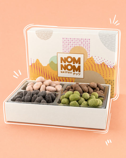 Nom Nom Nattsu chocolate almond gift box angled view four flavours handcrafted Melbourne