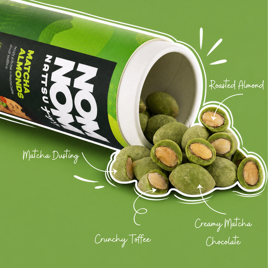 Nom Nom Nattsu matcha almonds showing roasted almond crunchy toffee white chocolate layers