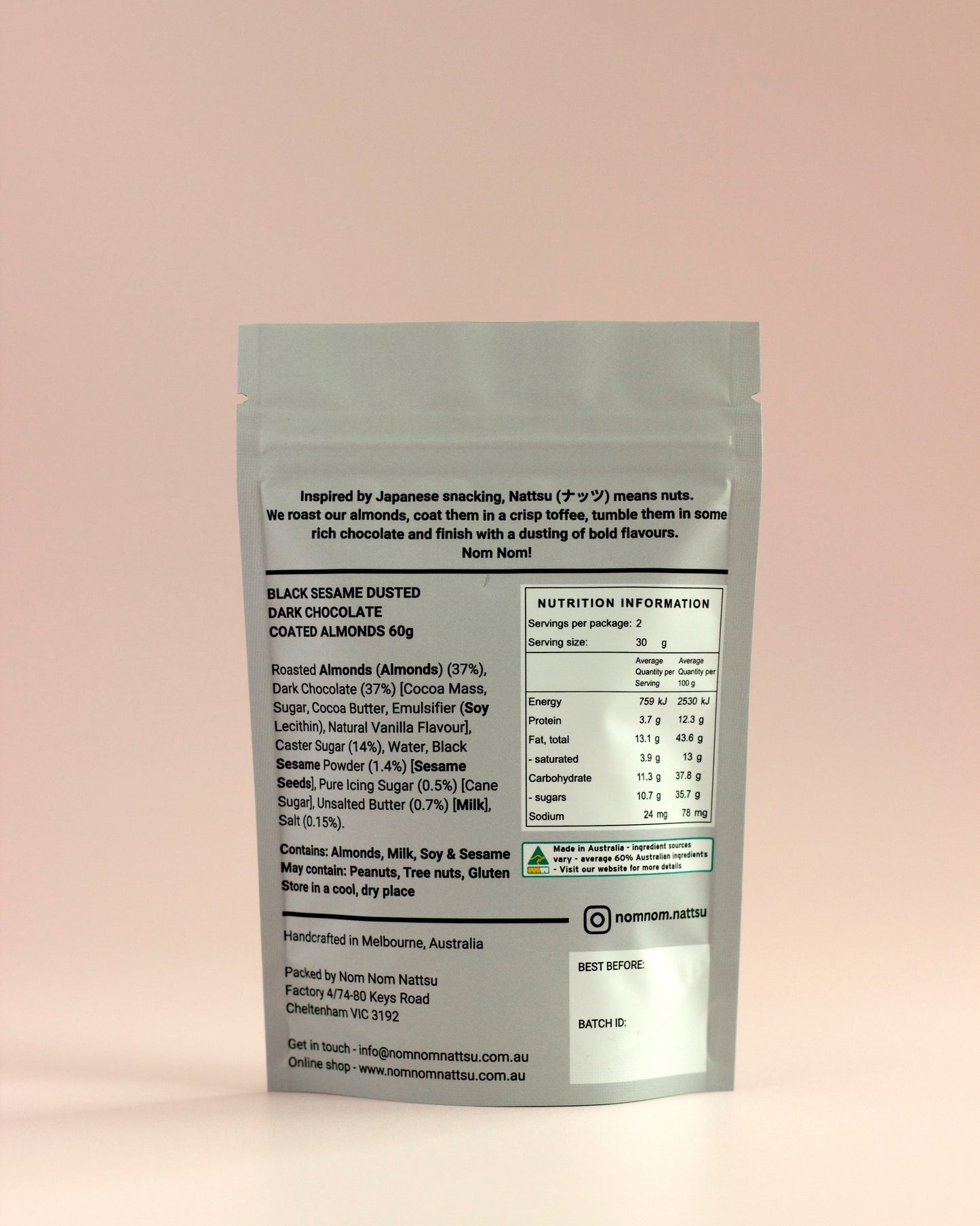 Black Sesame & Dark Chocolate Almonds Pouch 60g