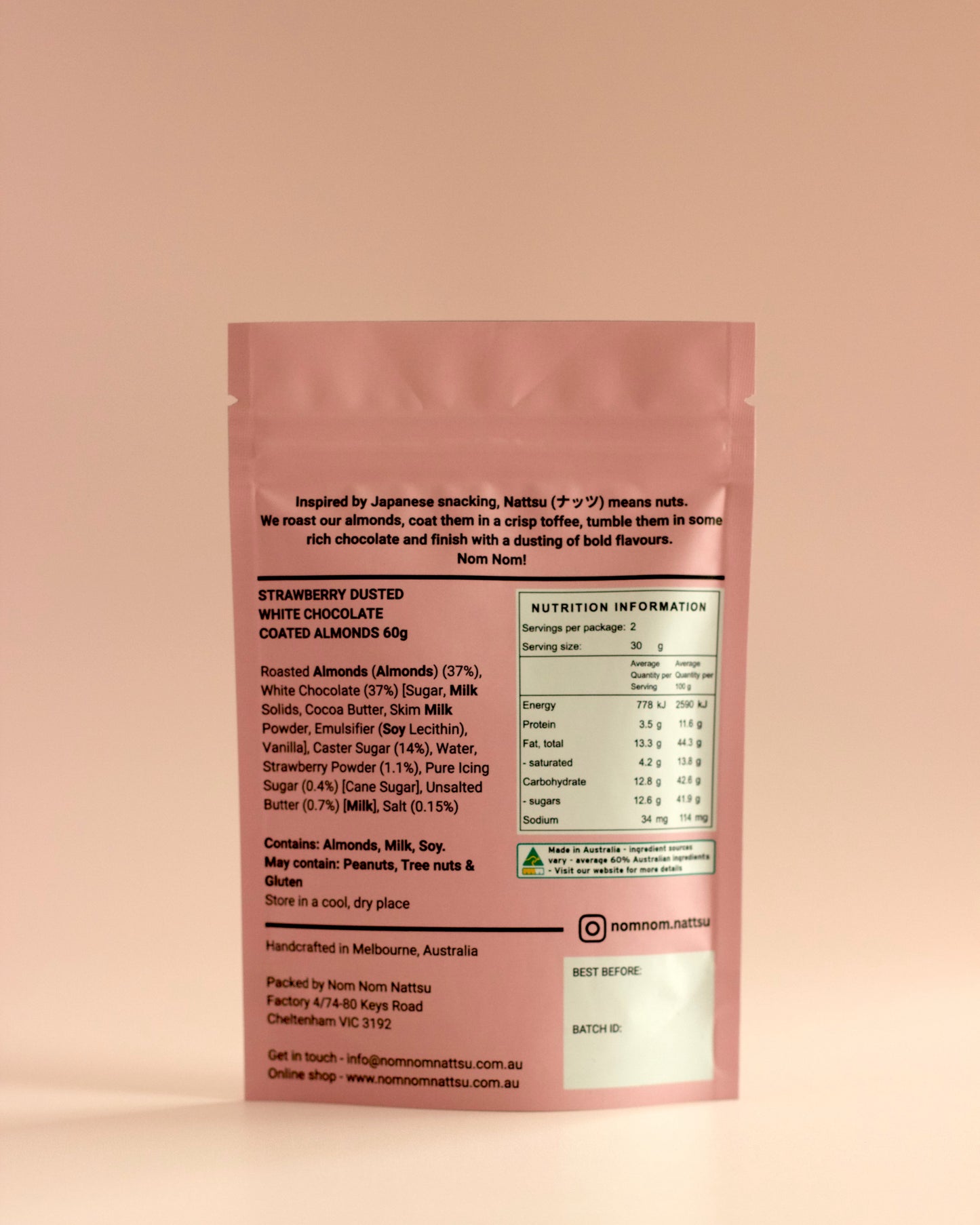 Strawberry & White Chocolate Almonds Pouch 60g