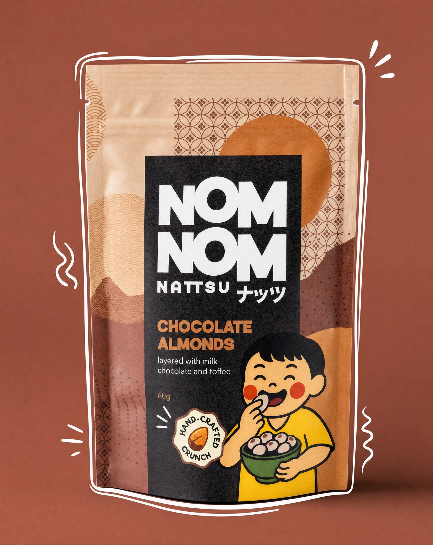 Nom Nom Nattsu Milk Chocolate Almonds 60g pouch handcrafted Melbourne
