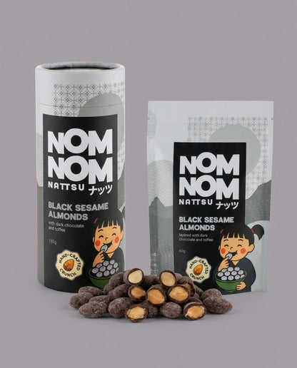 Nom Nom Nattsu Black Sesame Almonds 60g pouch and 150g tube with dark chocolate toffee almonds Melbourne