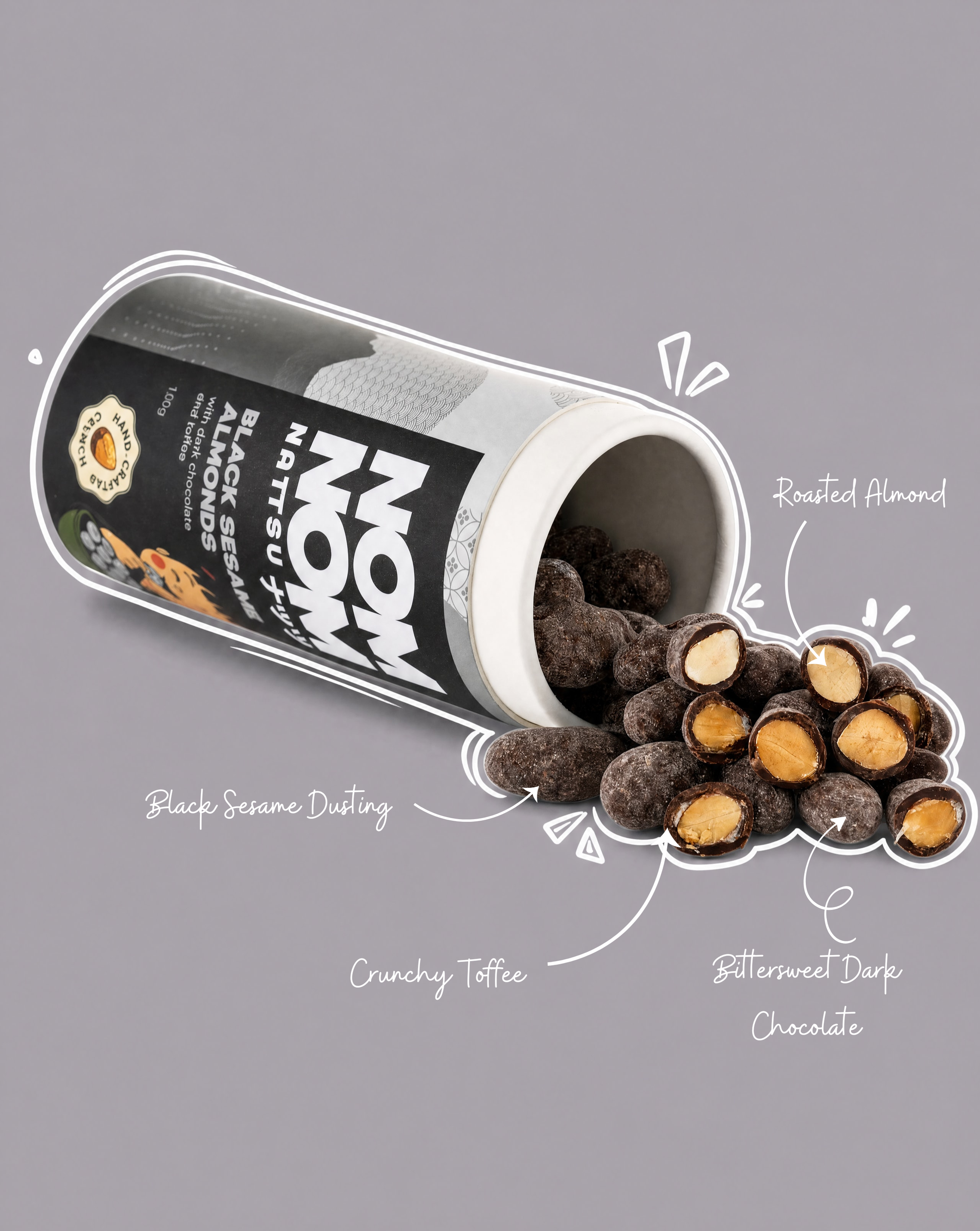 Nom Nom Nattsu black sesame almonds showing roasted almond crunchy toffee bittersweet dark chocolate layers