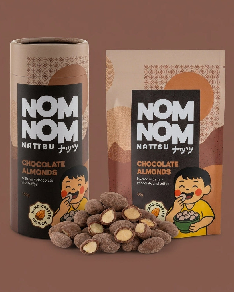 Nom Nom Nattsu Milk Chocolate Almonds 60g pouch and 150g tube with milk chocolate toffee almonds Melbourne