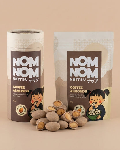 Nom Nom Nattsu Coffee Almonds 60g pouch and 150g tube with white chocolate toffee almonds Melbourne
