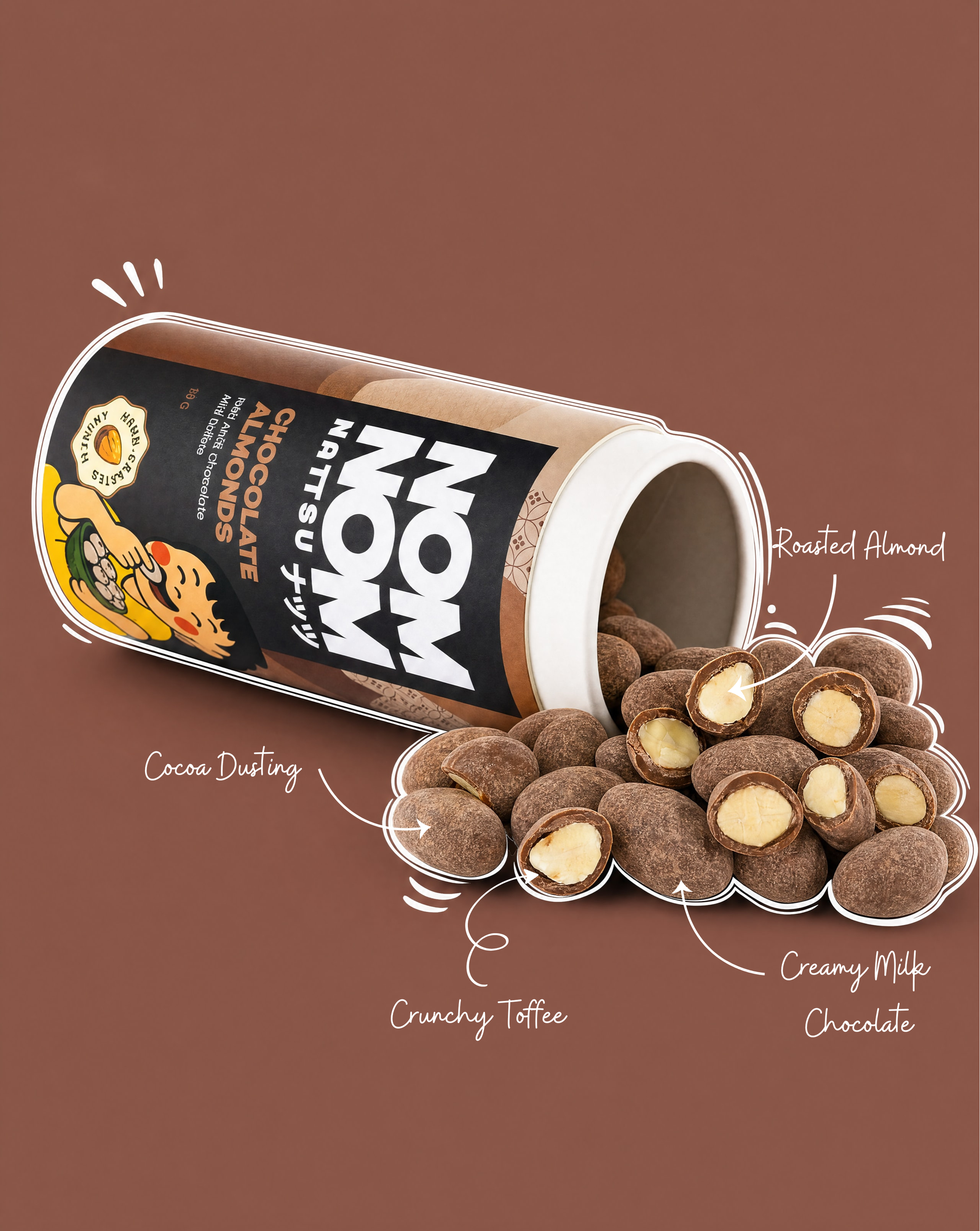 Nom Nom Nattsu milk chocolate almonds showing roasted almond crunchy toffee milk chocolate layers