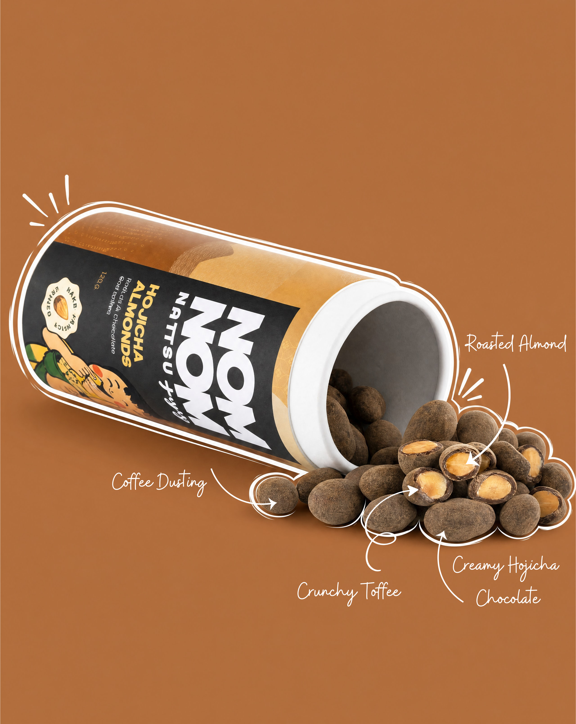 Nom Nom Nattsu hojicha almonds showing roasted almond crunchy toffee milk chocolate layers