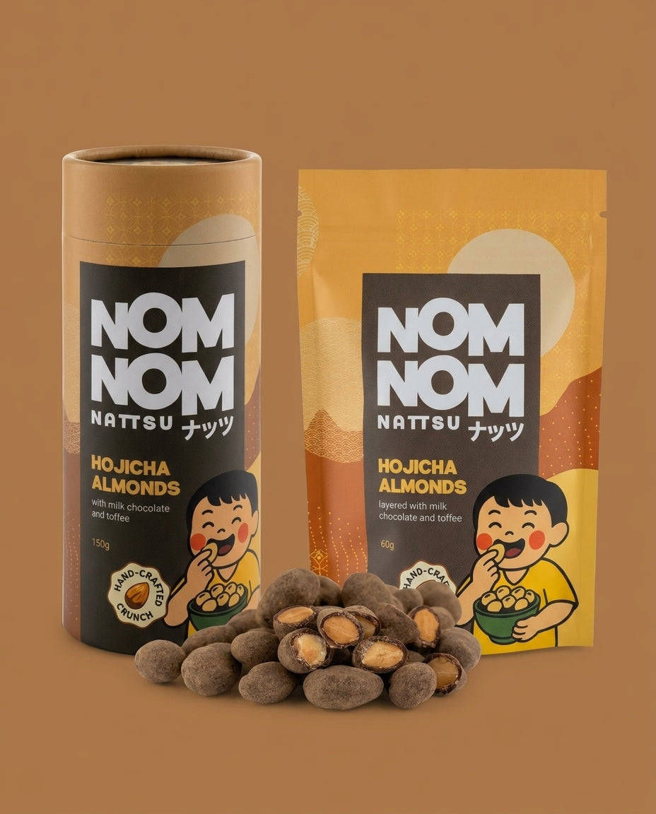 Nom Nom Nattsu Hojicha Almonds 60g pouch and 150g tube with milk chocolate toffee almonds Melbourne