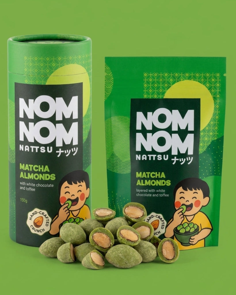 Nom Nom Nattsu Matcha Almonds 60g pouch and 150g tube with white chocolate toffee almonds Melbourne