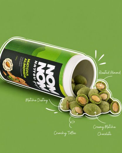 Nom Nom Nattsu matcha almonds showing roasted almond crunchy toffee white chocolate layers