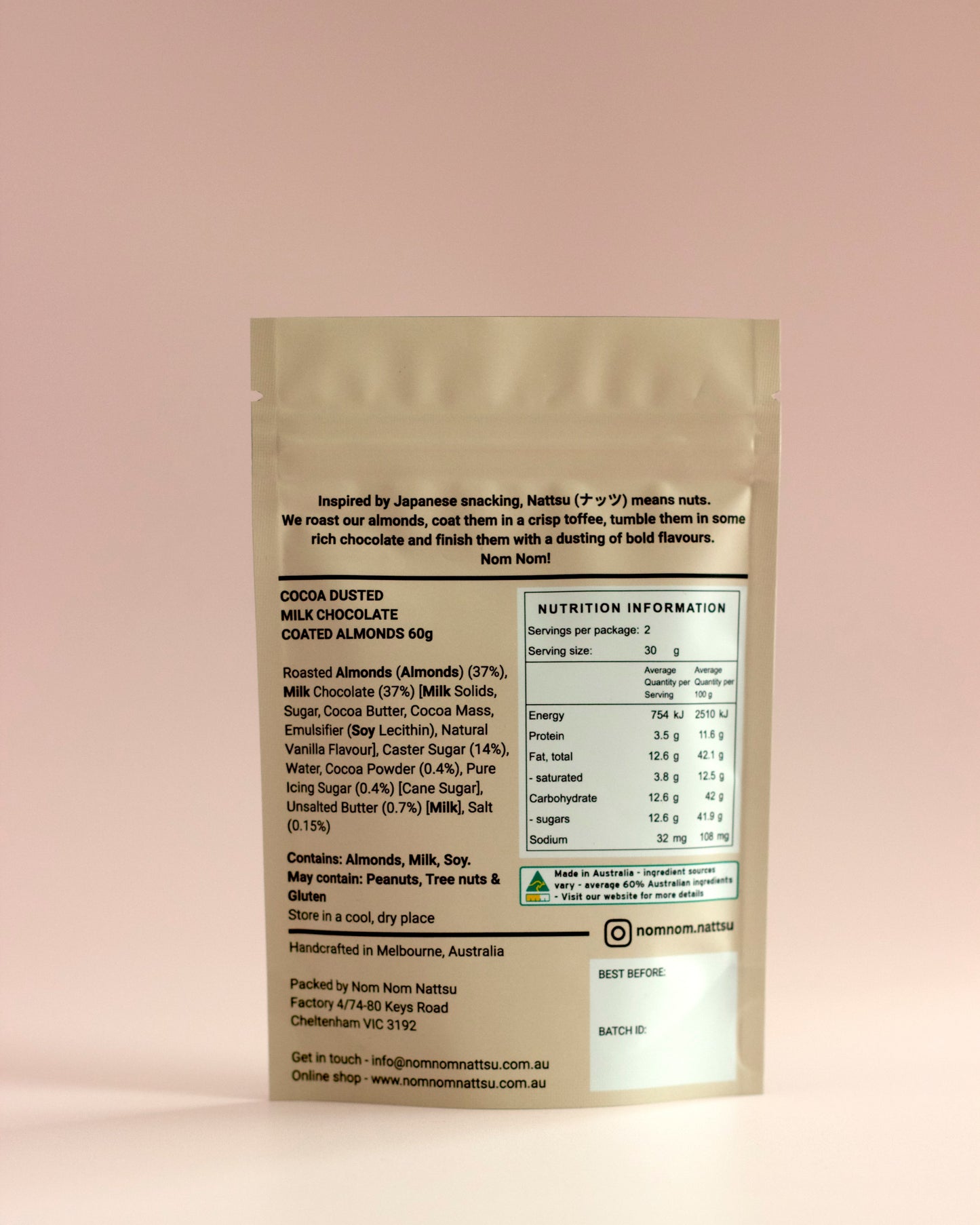 Cocoa & Milk Chocolate Almonds Pouch 60g