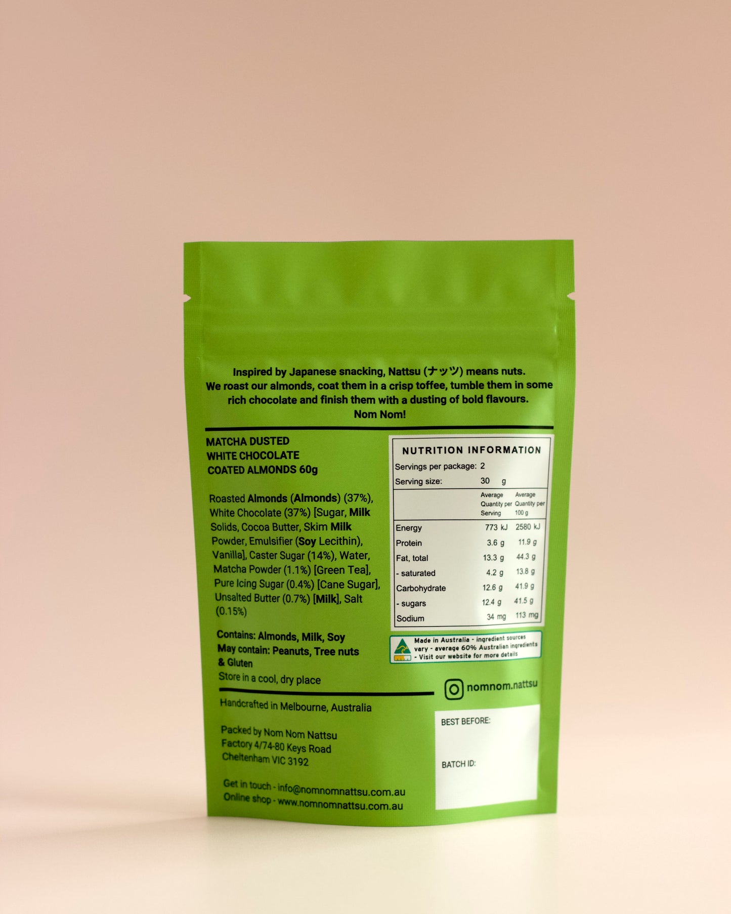 Matcha & White Chocolate Almonds Pouch 60g