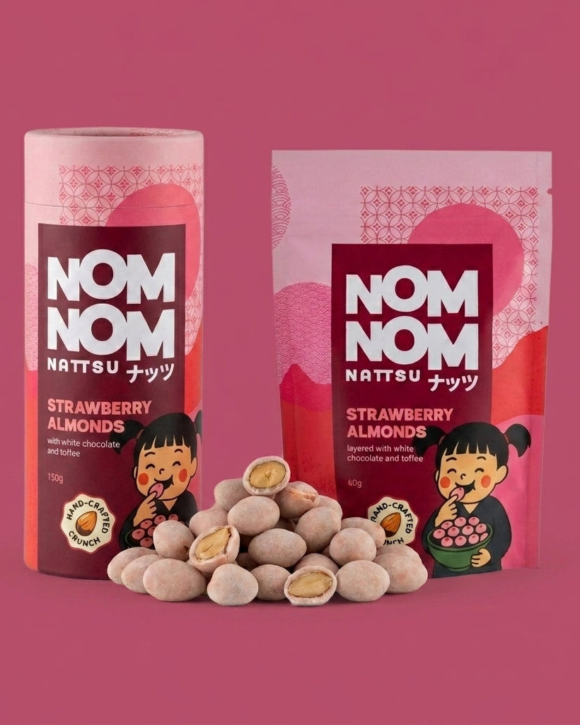Nom Nom Nattsu Strawberry Almonds 60g pouch and 150g tube with white chocolate toffee almonds Melbourne