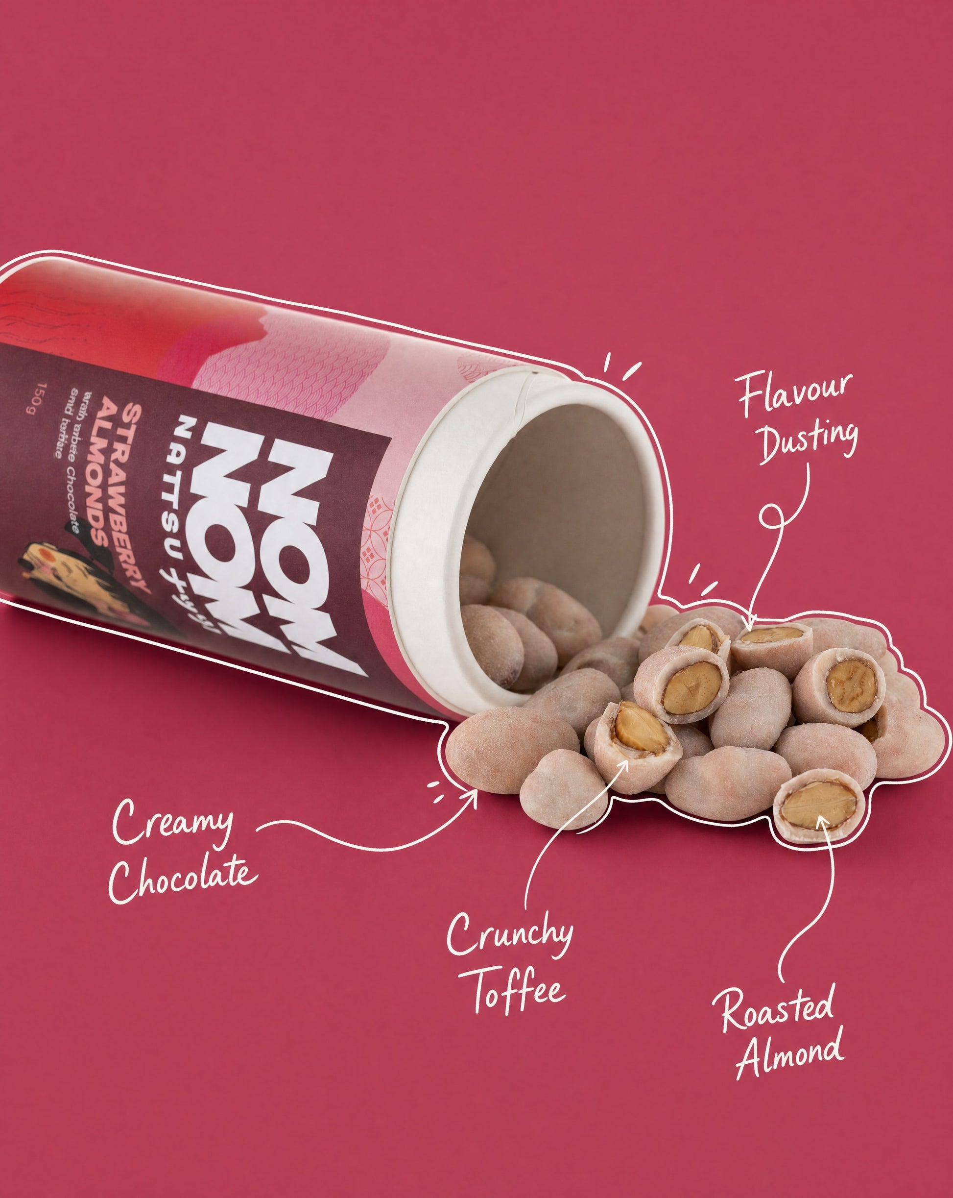 Nom Nom Nattsu strawberry almonds showing roasted almond crunchy toffee white chocolate layers